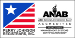 Perry Johnson Registrars, Inc. logo and ANSI National Accreditation Board (ANAB) logo
